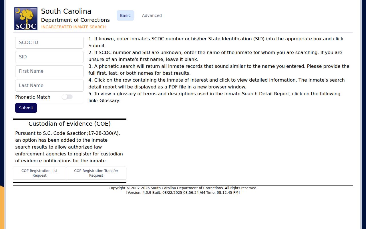 SCDC Colleton County projected release date search field