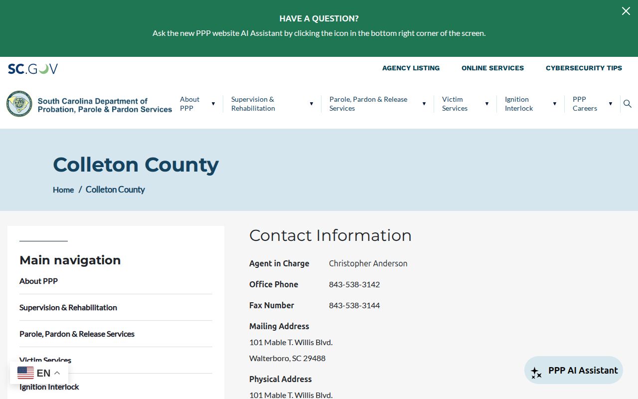 Colleton County parole and probation local office record
